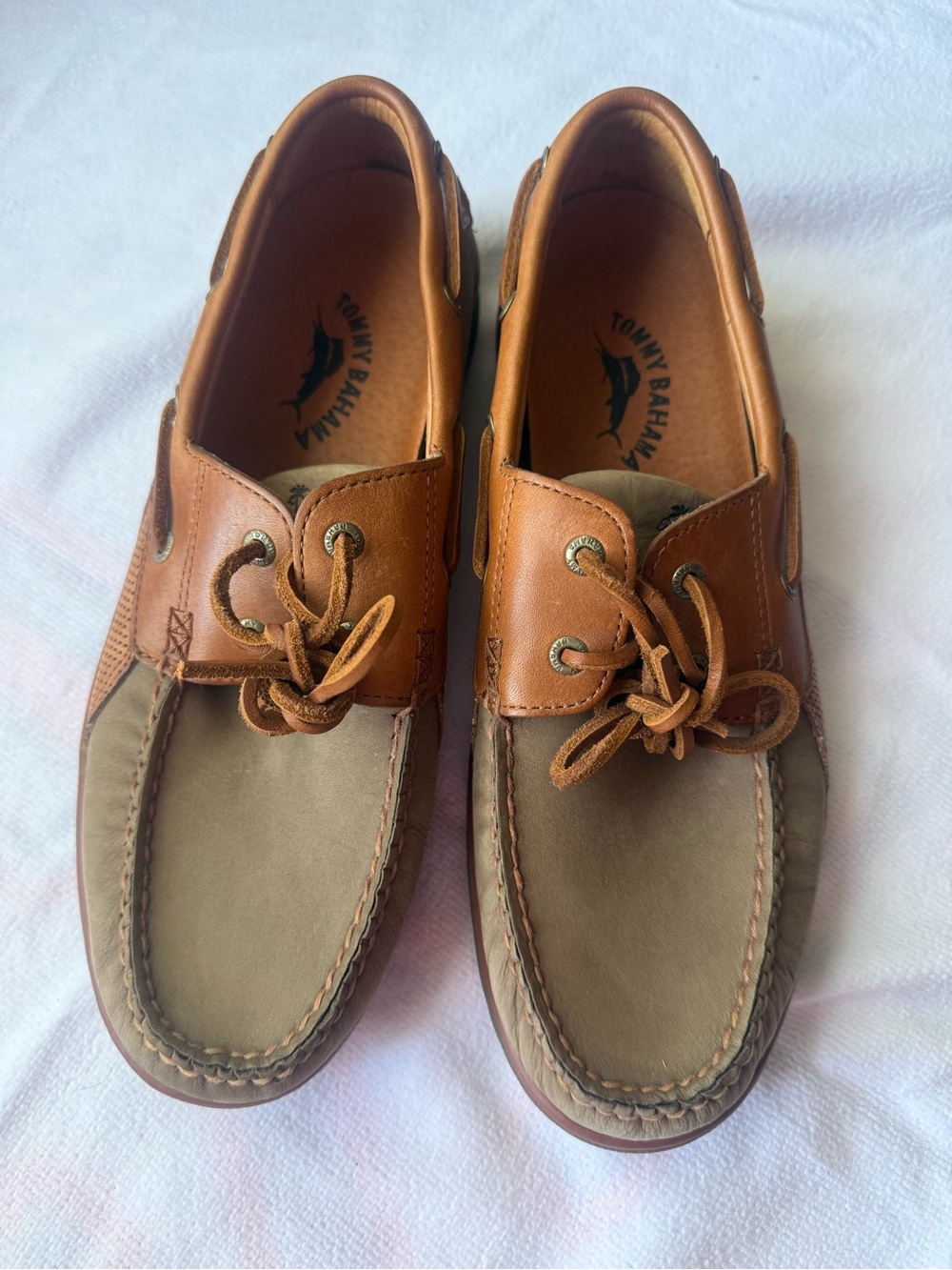 Tommy Bahama Two-Tone Tan and Brown Leather Boat Shoes